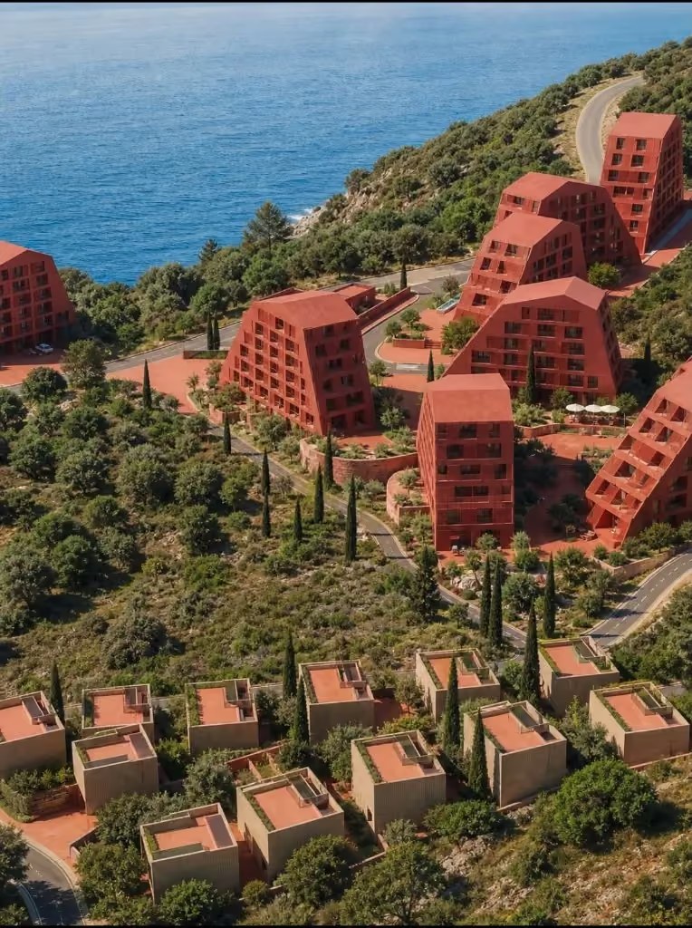 Aerial view of the complex above the sea