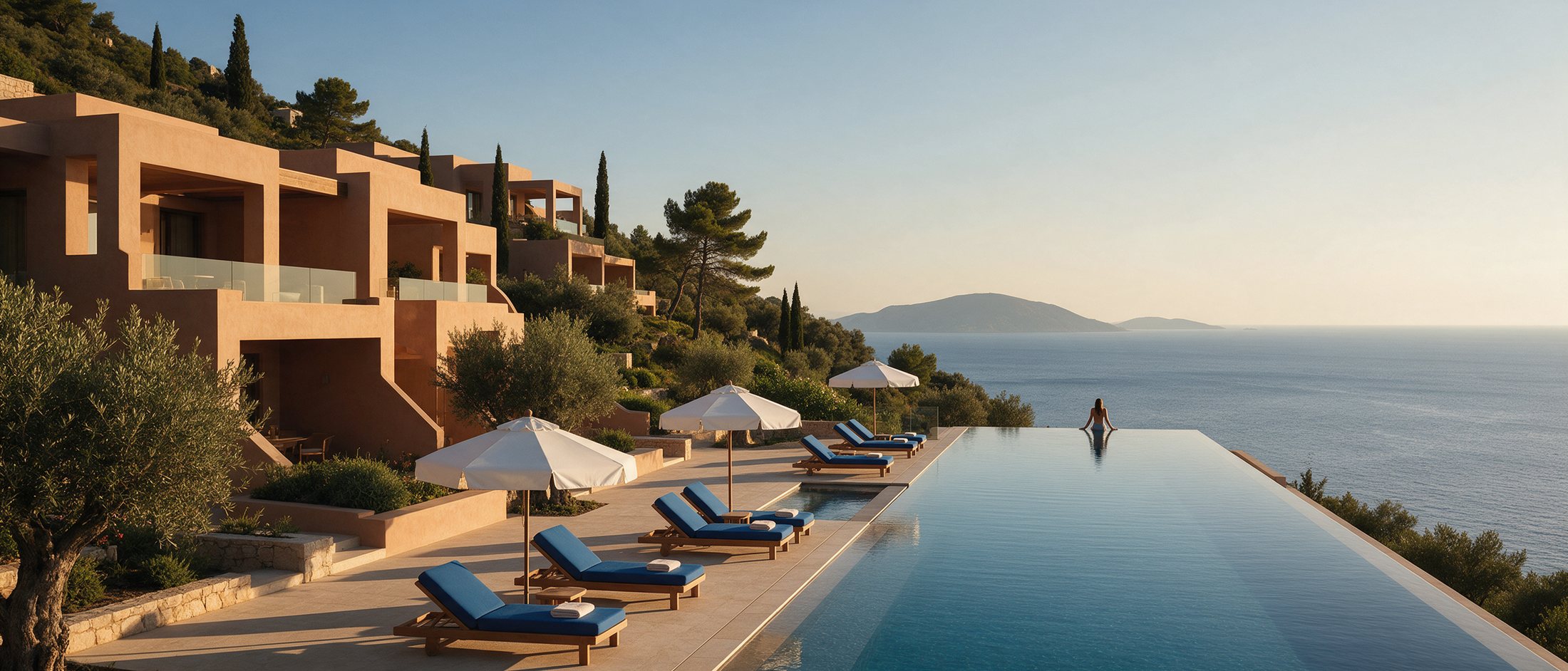 Infinity pool above the sea at golden hour