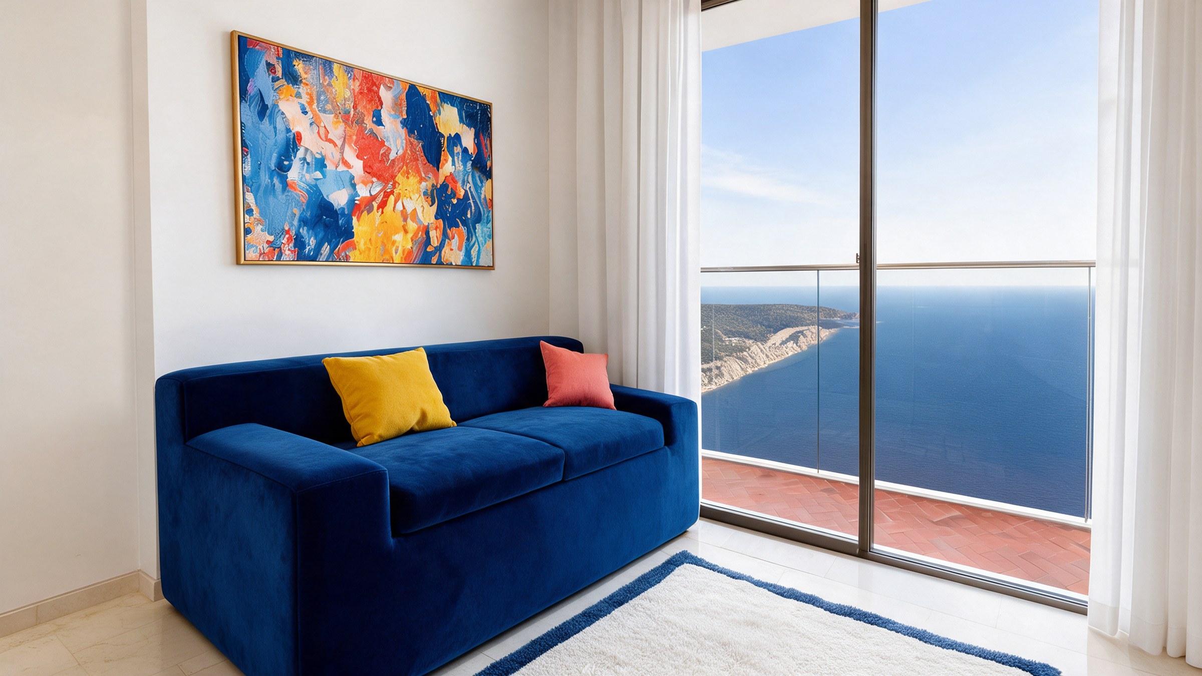 Living room of a Marea apartment opening onto its terrace
